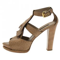 Pre Owned صندل لوي فيتون جلد بيج منقوش بشراشيب مقاس 39