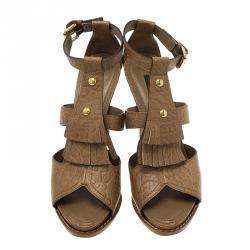 Pre Owned صندل لوي فيتون جلد بيج منقوش بشراشيب مقاس 39