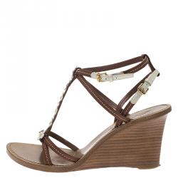 مملوكة مسبقًا Louis Vuitton Brown and White Leather Flower Detail Wedge Sandals Size 40.5