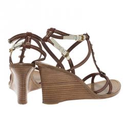 مملوكة مسبقًا Louis Vuitton Brown and White Leather Flower Detail Wedge Sandals Size 40.5