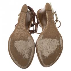 مملوكة مسبقًا Louis Vuitton Brown and White Leather Flower Detail Wedge Sandals Size 40.5