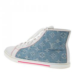 Louis Vuitton White Leather and Monogram Denim High Top Sneakers Size 38.5