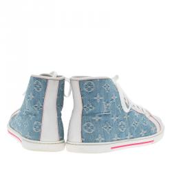 Louis Vuitton White Leather and Monogram Denim High Top Sneakers Size 38.5