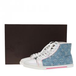 Louis Vuitton White Leather and Monogram Denim High Top Sneakers Size 38.5