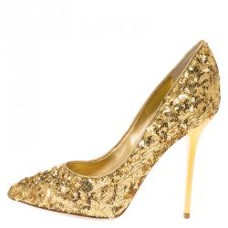 Pre Owned Louis Vuitton Gold Sequins Liza Pointed Toe Pumps Size 38.5