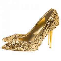 Pre Owned Louis Vuitton Gold Sequins Liza Pointed Toe Pumps Size 38.5
