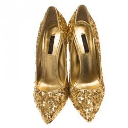 Pre Owned Louis Vuitton Gold Sequins Liza Pointed Toe Pumps Size 38.5