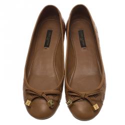 Pre Owned Louis Vuitton Brown Monogram Leather Cap Toe Debbie Bow Ballet Flats Size 35.5