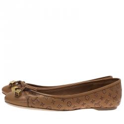 Pre Owned Louis Vuitton Brown Monogram Leather Cap Toe Debbie Bow Ballet Flats Size 35.5