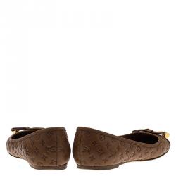 Pre Owned Louis Vuitton Brown Monogram Leather Cap Toe Debbie Bow Ballet Flats Size 35.5