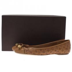 Pre Owned Louis Vuitton Brown Monogram Leather Cap Toe Debbie Bow Ballet Flats Size 35.5