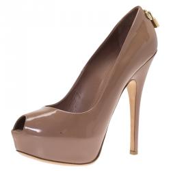 مملوكة مسبقًا حذاء كعب عالي لوي فيتون أوه ريلي! جلد بيج مقدمة مفتوحة نعل سميك مقاس 40.5