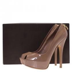 مملوكة مسبقًا حذاء كعب عالي لوي فيتون أوه ريلي! جلد بيج مقدمة مفتوحة نعل سميك مقاس 40.5