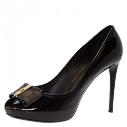 Pre Owned Louis Vuitton Damier Ebene Patent Valentine Peep Toe Pumps Size 40.5