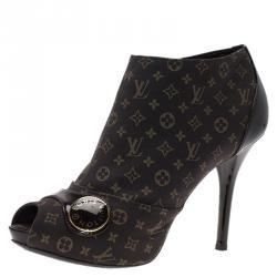 Pre Owned Louis Vuitton Brown Monogram Idylle Canvas and Patent Judy Peep Toe Ankle Boots Size 38