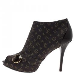 Pre Owned Louis Vuitton Brown Monogram Idylle Canvas and Patent Judy Peep Toe Ankle Boots Size 38