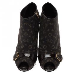 Pre Owned Louis Vuitton Brown Monogram Idylle Canvas and Patent Judy Peep Toe Ankle Boots Size 38