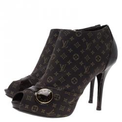 Pre Owned Louis Vuitton Brown Monogram Idylle Canvas and Patent Judy Peep Toe Ankle Boots Size 38