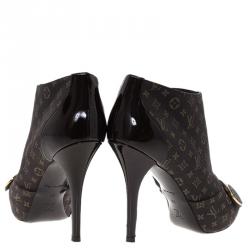 Pre Owned Louis Vuitton Brown Monogram Idylle Canvas and Patent Judy Peep Toe Ankle Boots Size 38