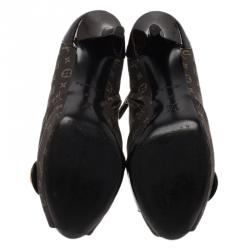 Pre Owned Louis Vuitton Brown Monogram Idylle Canvas and Patent Judy Peep Toe Ankle Boots Size 38