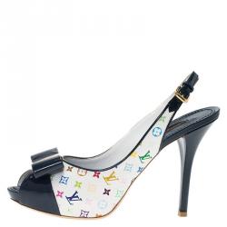 Louis Vuitton White Monogram Multicolore and Blue Patent Shirley Bow Slingback Sandals Size 37.5