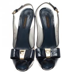 Louis Vuitton White Monogram Multicolore and Blue Patent Shirley Bow Slingback Sandals Size 37.5