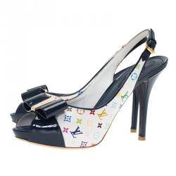 Louis Vuitton White Monogram Multicolore and Blue Patent Shirley Bow Slingback Sandals Size 37.5