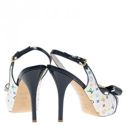 Louis Vuitton White Monogram Multicolore and Blue Patent Shirley Bow Slingback Sandals Size 37.5