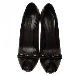 Pre Owned Louis Vuitton Monogram Canvas and Patent Malibu Bow Peep Toe Pumps Size 37.5
