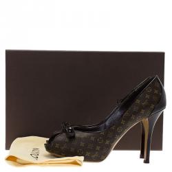 Pre Owned Louis Vuitton Monogram Canvas and Patent Malibu Bow Peep Toe Pumps Size 37.5