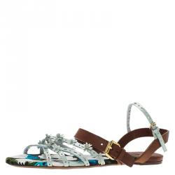 Pre Owned Louis Vuitton Two Tone Leather and Floral Canvas Flat Sandals Size 37.5