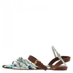 Pre Owned Louis Vuitton Two Tone Leather and Floral Canvas Flat Sandals Size 37.5