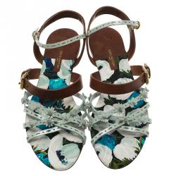 Pre Owned Louis Vuitton Two Tone Leather and Floral Canvas Flat Sandals Size 37.5