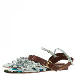 Pre Owned Louis Vuitton Two Tone Leather and Floral Canvas Flat Sandals Size 37.5