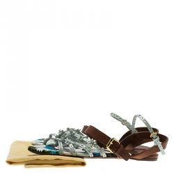 Pre Owned Louis Vuitton Two Tone Leather and Floral Canvas Flat Sandals Size 37.5