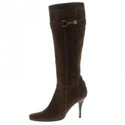 Pre Owned Louis Vuitton Brown Suede Knee Length Boots Size 40