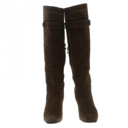 Pre Owned Louis Vuitton Brown Suede Knee Length Boots Size 40