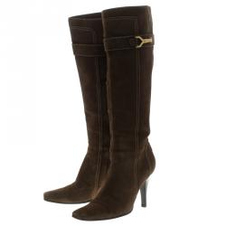 Pre Owned Louis Vuitton Brown Suede Knee Length Boots Size 40
