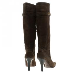 Pre Owned Louis Vuitton Brown Suede Knee Length Boots Size 40