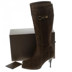 Pre Owned Louis Vuitton Brown Suede Knee Length Boots Size 40