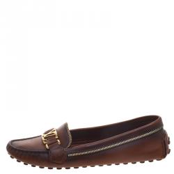 Pre Owned Louis Vuitton Brown Leather Zip Detail Oxford Loafers Size 37