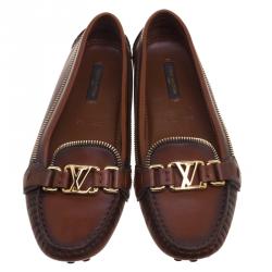 Pre Owned Louis Vuitton Brown Leather Zip Detail Oxford Loafers Size 37