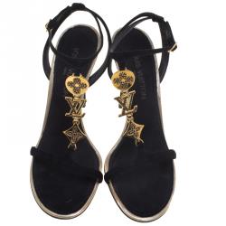 Pre Owned صندل لوي فيتون سويدي أسود حزام حرف T مزين بشعار الماركة مقاس 40