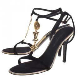 Pre Owned صندل لوي فيتون سويدي أسود حزام حرف T مزين بشعار الماركة مقاس 40