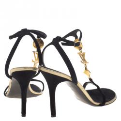 Pre Owned صندل لوي فيتون سويدي أسود حزام حرف T مزين بشعار الماركة مقاس 40