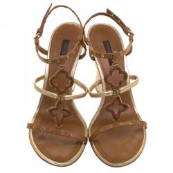 مملوكة مسبقًا صندل لوي فيتون فلور جلد بني بسيور وكعب روكي مقاس 39.5