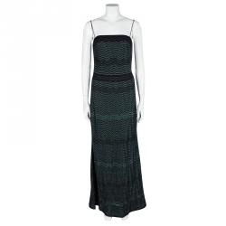 Pre Owned M Missoni Black and Green Chevron Pattern Lurex Knit Noodle Strap Maxi Dress L