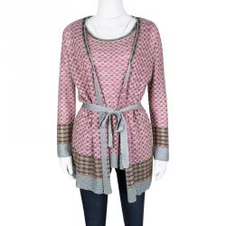 Pre Owned M Missoni Multicolor Lurex Knit Detail Top and Belted Cardigan Set L