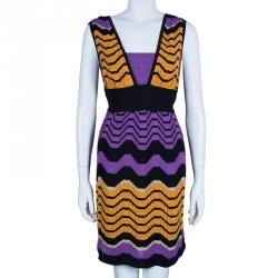 Pre Owned فستان أم ميزوني تريكو مموج بنفسجي/برتقالي M