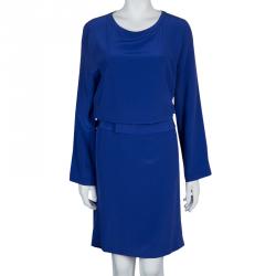 Pre Owned Maison Martin Margiela Blue Silk Belted Long Sleeve Dress M